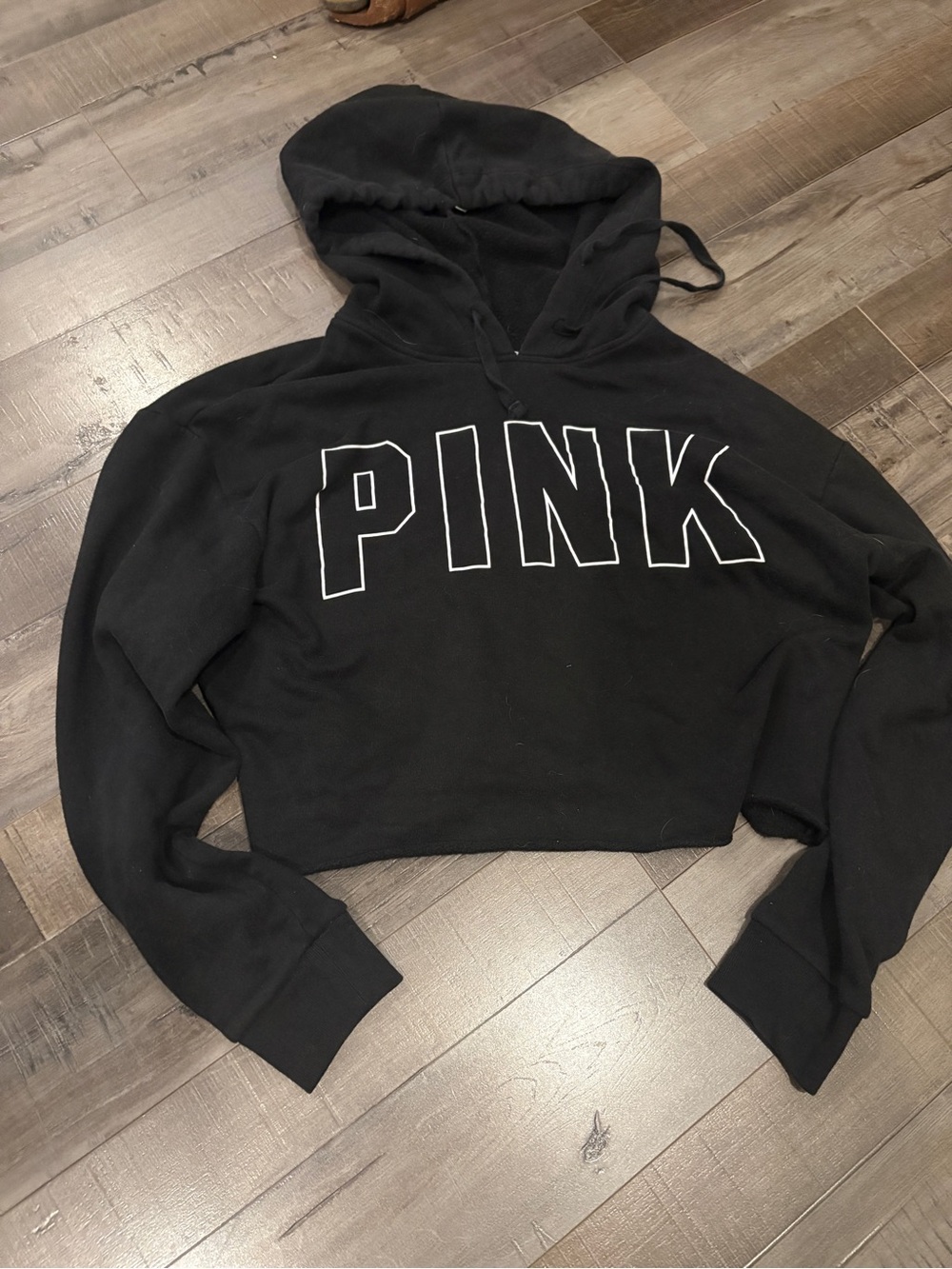 PINK Victoria's Secret Black Cropped Hoodie with White Logo